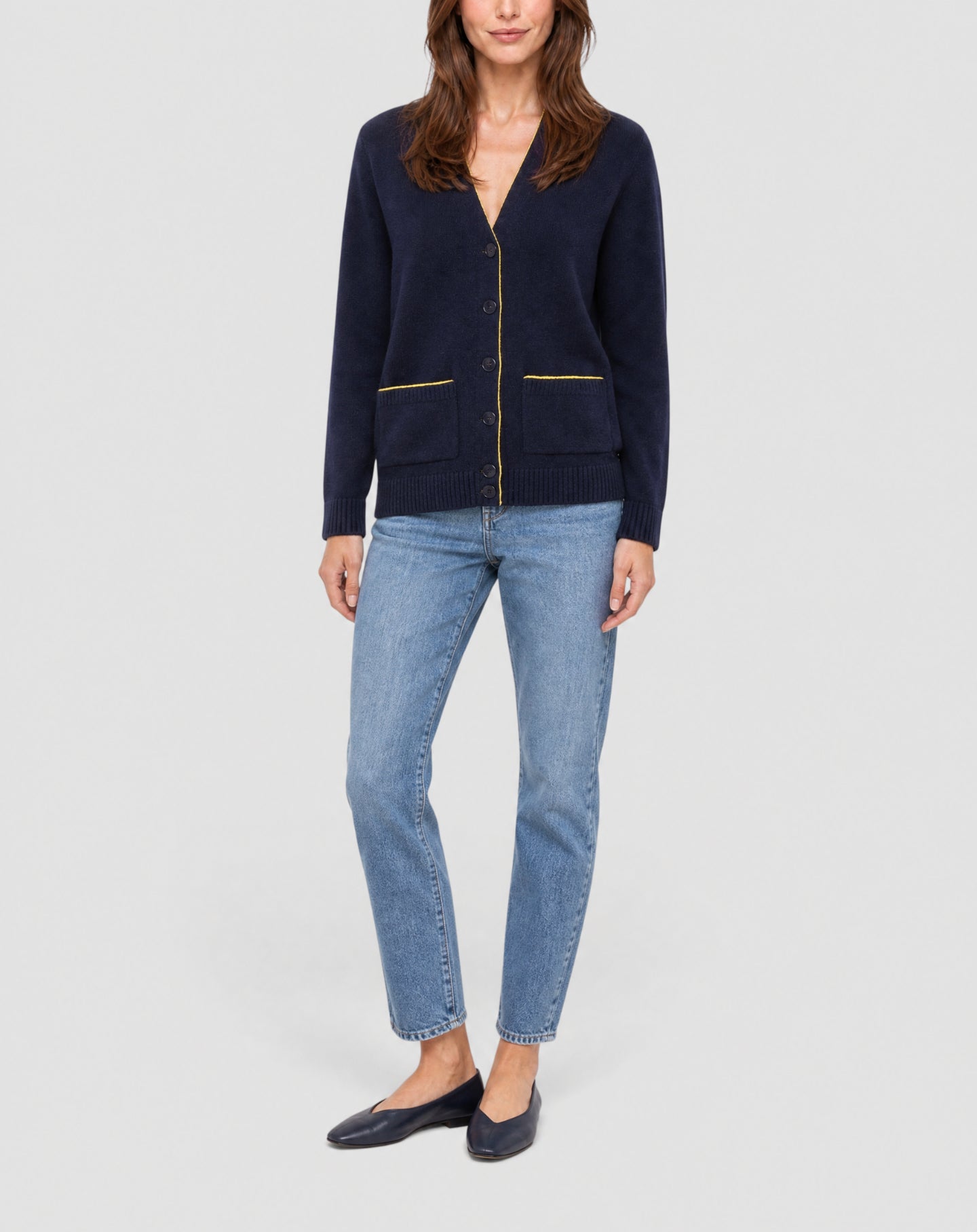 Loose-fitting cardigan with contrasting trim and cashmere pockets - Navy