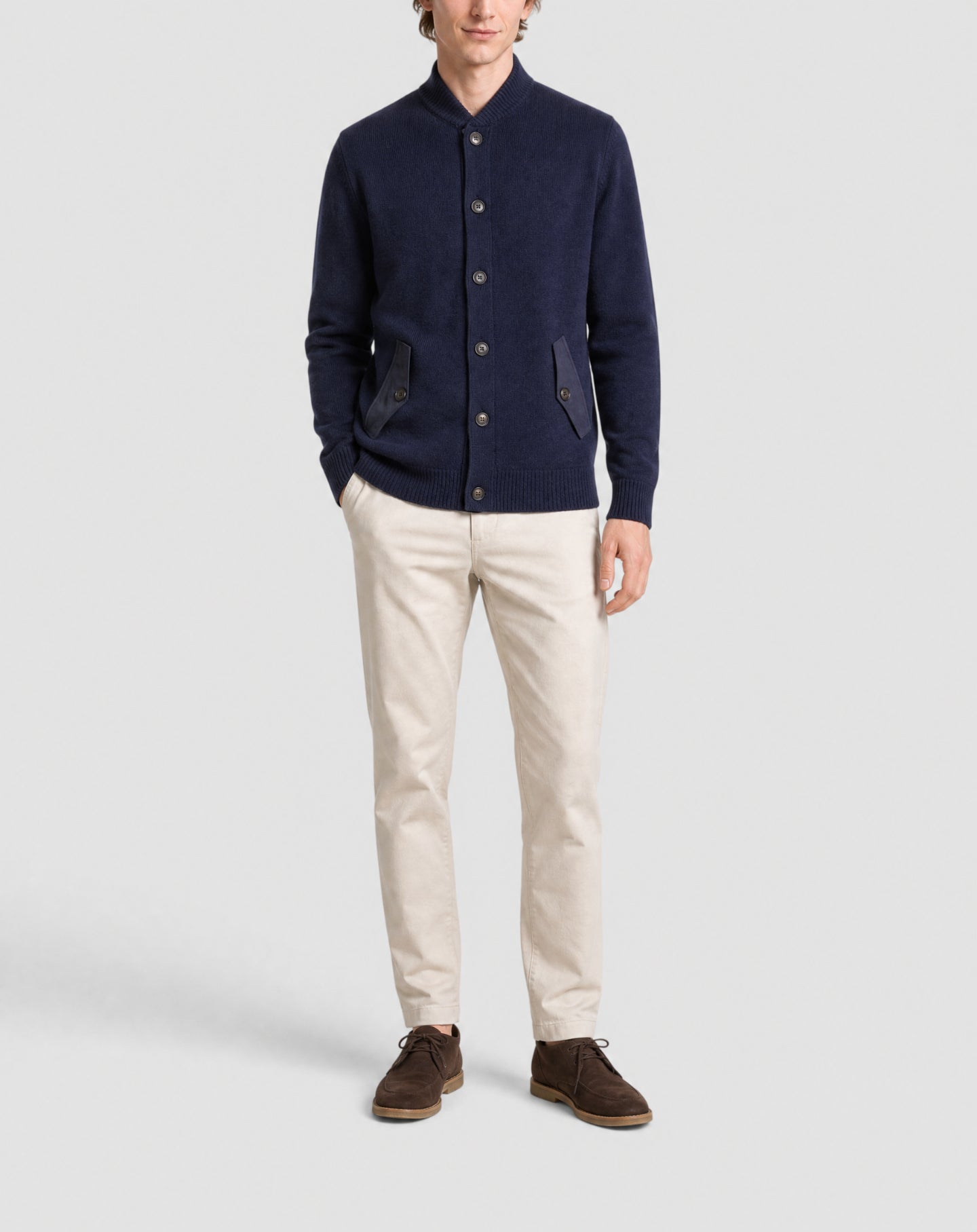 Button-up cashmere cardigan with faux suede pockets - Navy