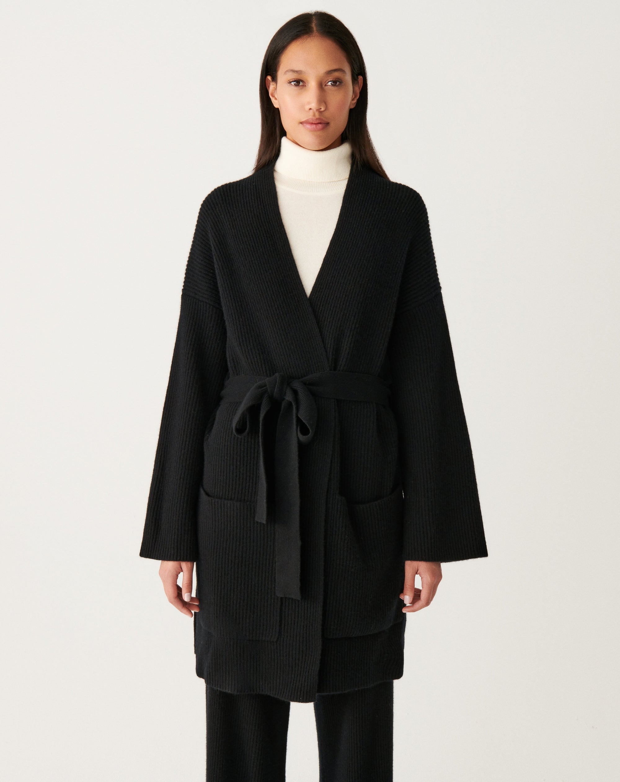RECO290Veste Col Châle Oversize Côtes Perlées À Poches - Noir
