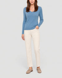 Ultra-fine V-neck jumper with small cable knit in cashmere - Glaz Blue