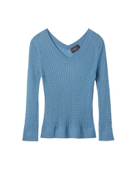 Ultra-fine V-neck jumper with small cable knit in cashmere - Glaz Blue