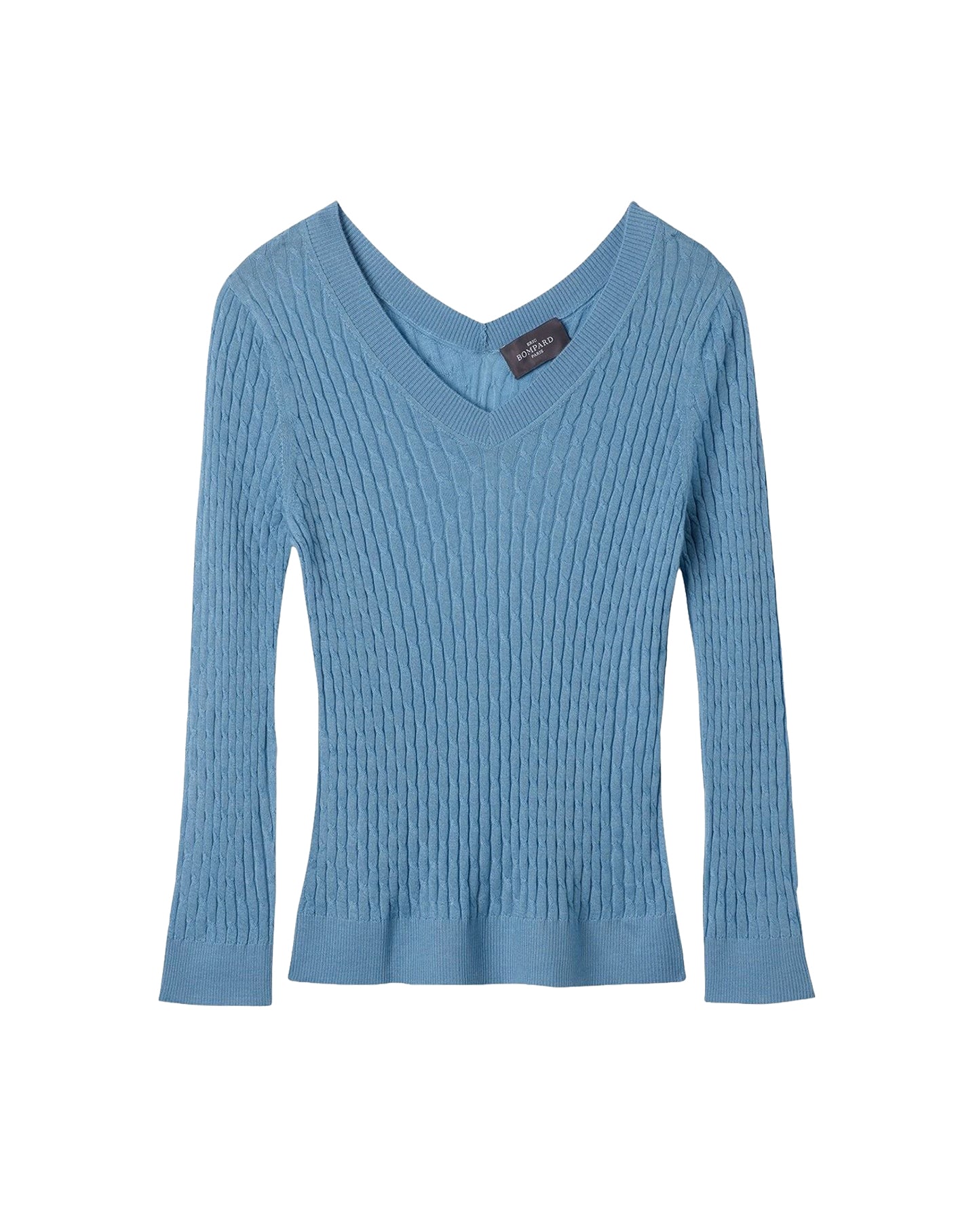 Ultra-fine V-neck jumper with small cable knit in cashmere - Glaz Blue
