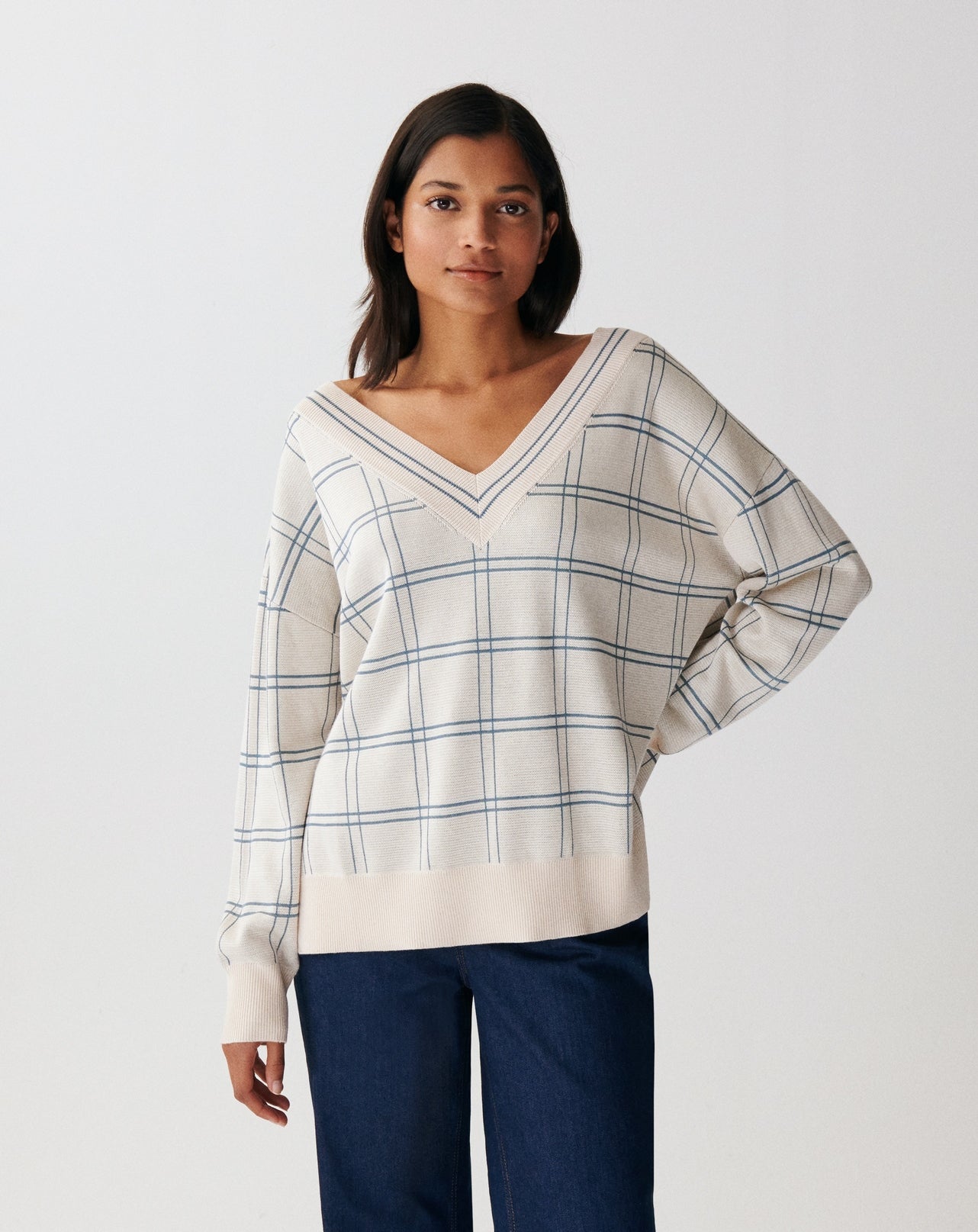 RECO190Pull V Oversize À Carreaux - Platre/Bleu Glaz