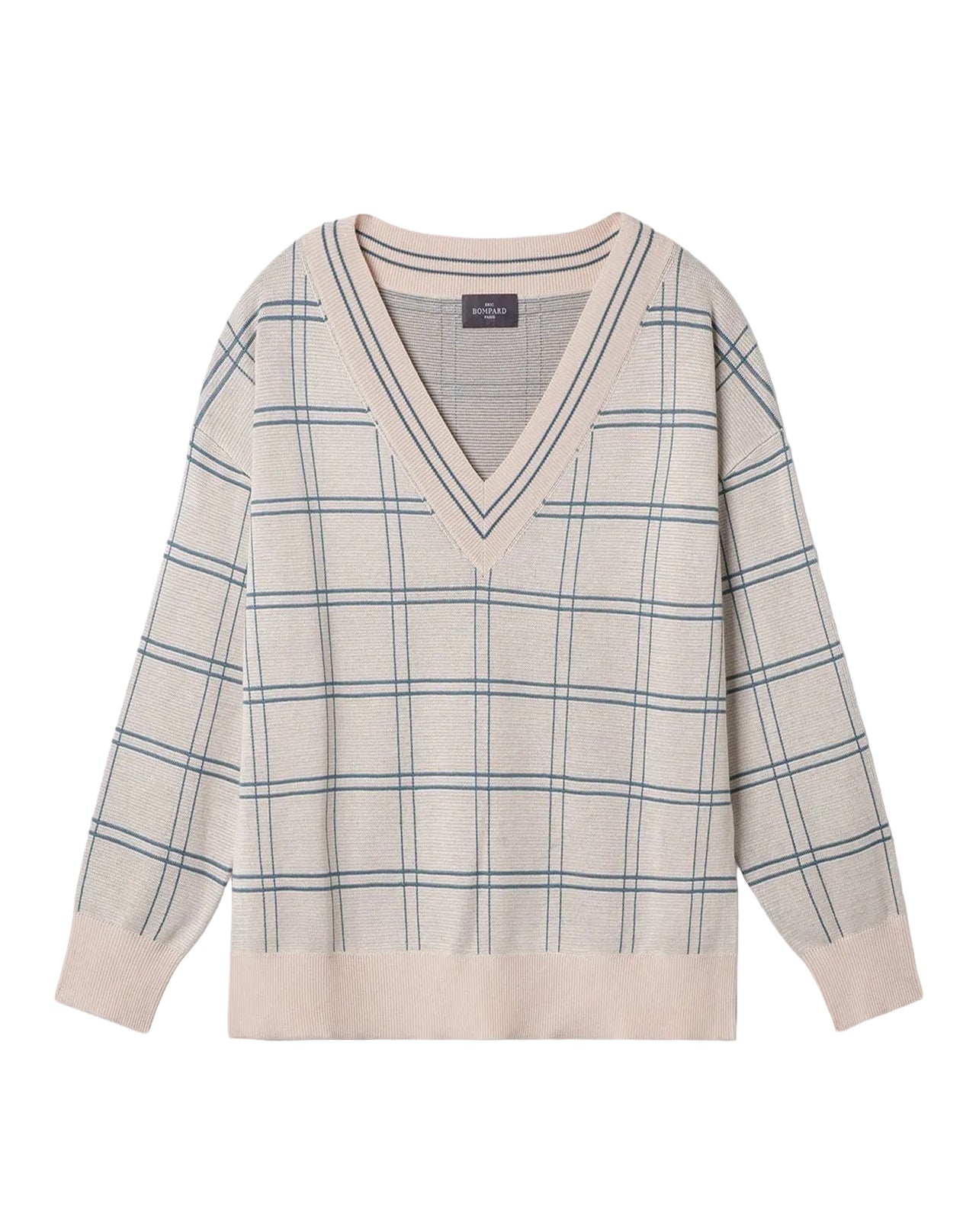 Oversized V-neck checked silk jumper - Platre & Bleu Glaz
