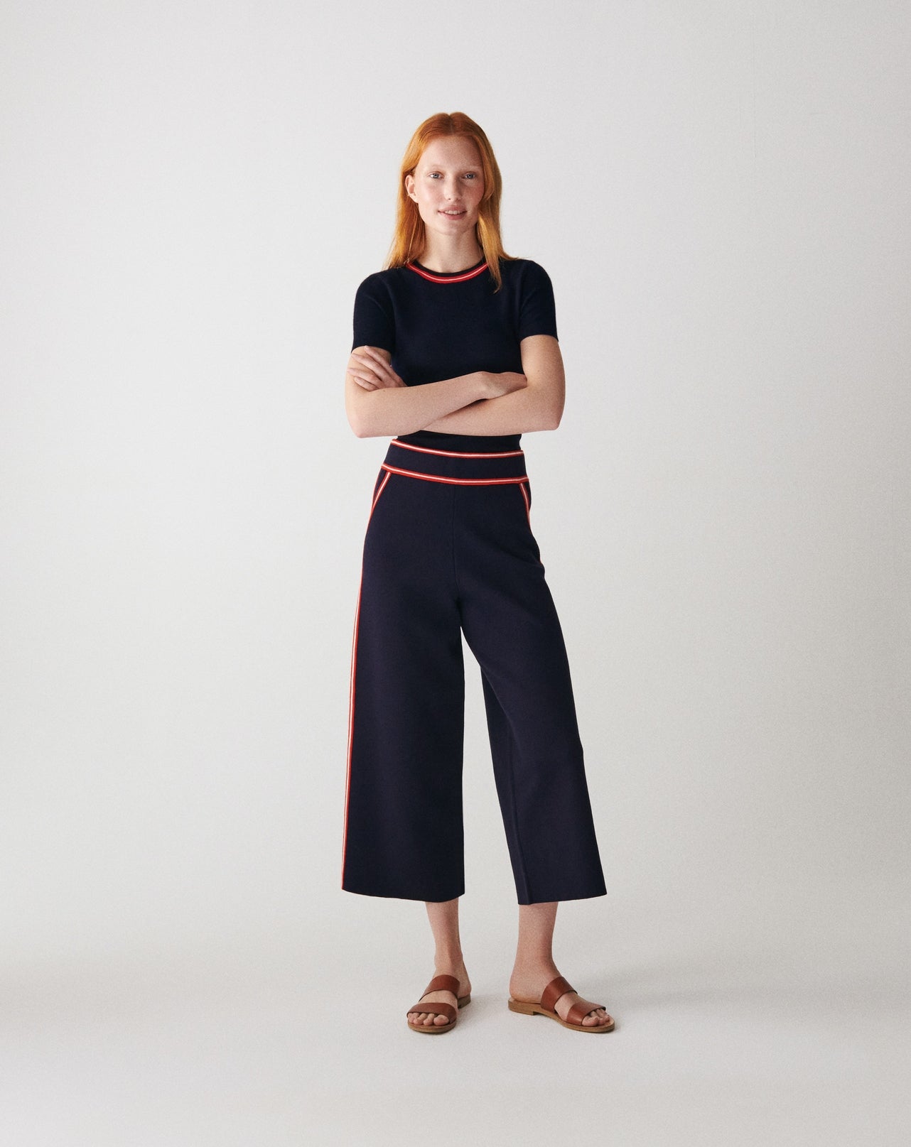 RECO175Pantalon 3/4 Finitions Rayées - Marine/Rouge Gorge/Naturel