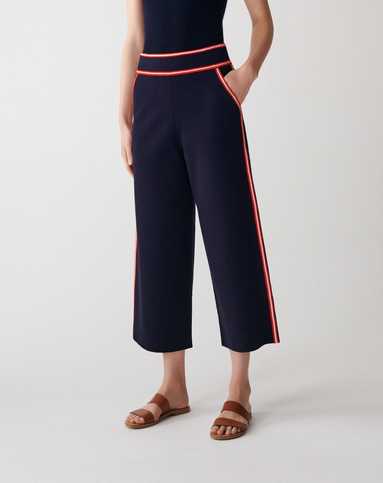 RECO175Pantalon 3/4 Finitions Rayées - Marine/Rouge Gorge/Naturel