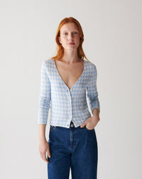 RECO125Gilet Court Jacquard Vichy - Bleu Zellige/Naturel