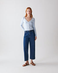RECO125Gilet Court Jacquard Vichy - Bleu Zellige/Naturel