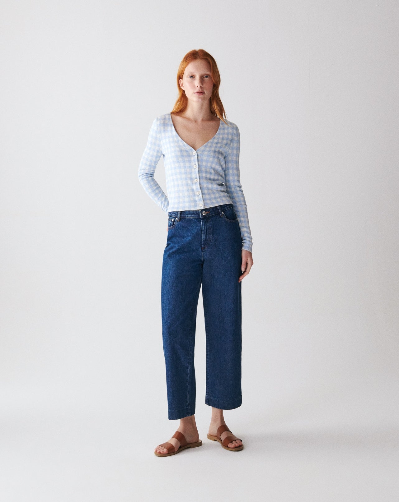 RECO125Gilet Court Jacquard Vichy - Bleu Zellige/Naturel