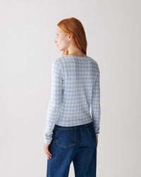 RECO125Gilet Court Jacquard Vichy - Bleu Zellige/Naturel