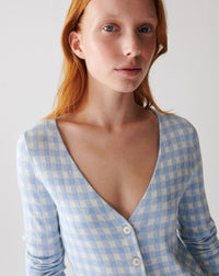 RECO125Gilet Court Jacquard Vichy - Bleu Zellige/Naturel
