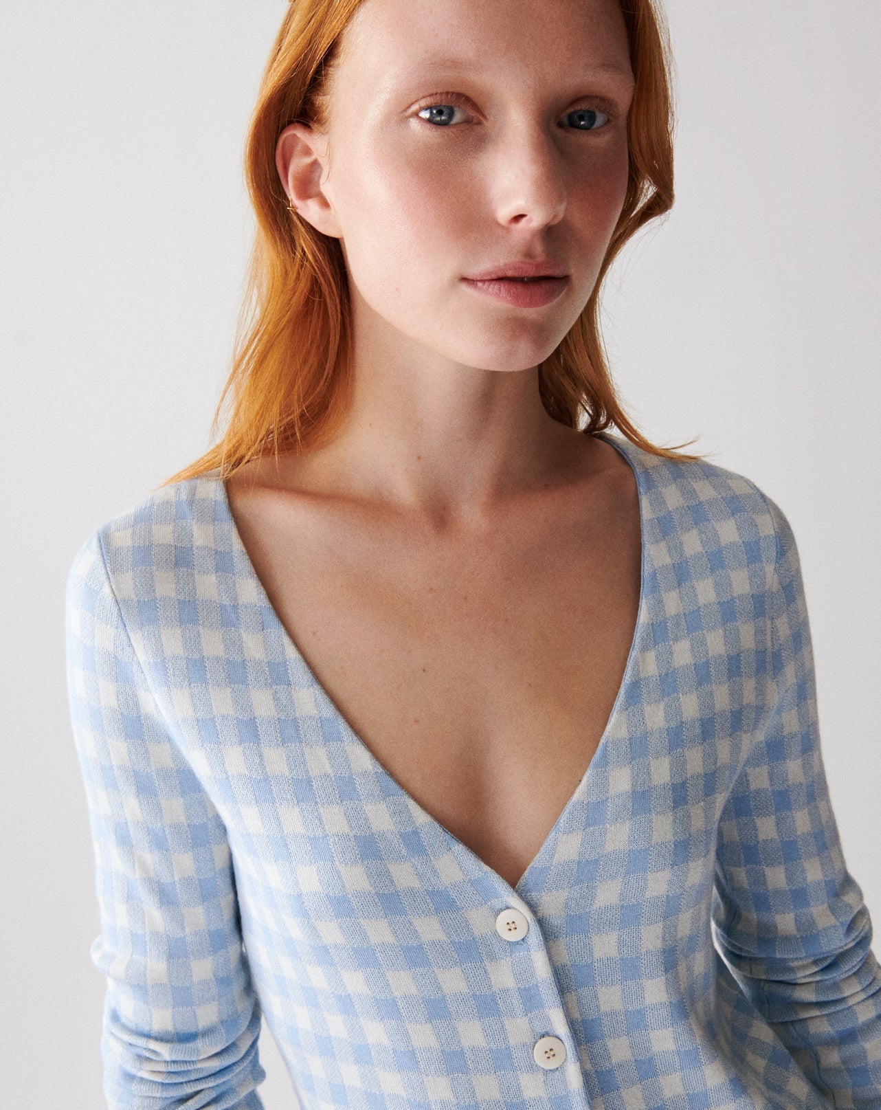 RECO125Gilet Court Jacquard Vichy - Bleu Zellige/Naturel