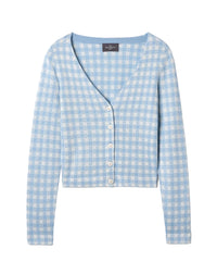RECO125Gilet Court Jacquard Vichy - Bleu Zellige/Naturel