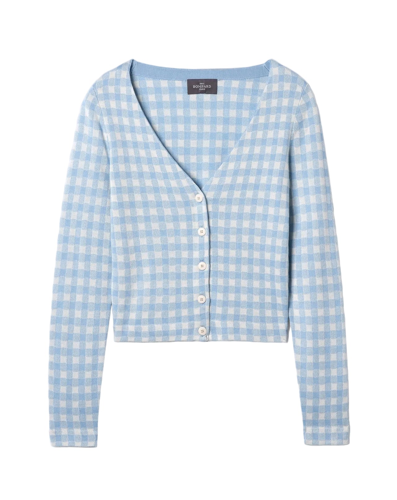 RECO125Gilet Court Jacquard Vichy - Bleu Zellige/Naturel