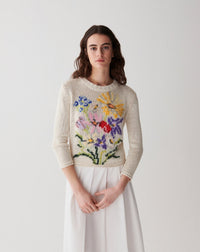 RECO185Pull Col Rond Broderie Bouquet - Naturel