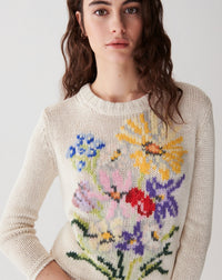 RECO185Pull Col Rond Broderie Bouquet - Naturel