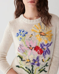 RECO185Pull Col Rond Broderie Bouquet - Naturel