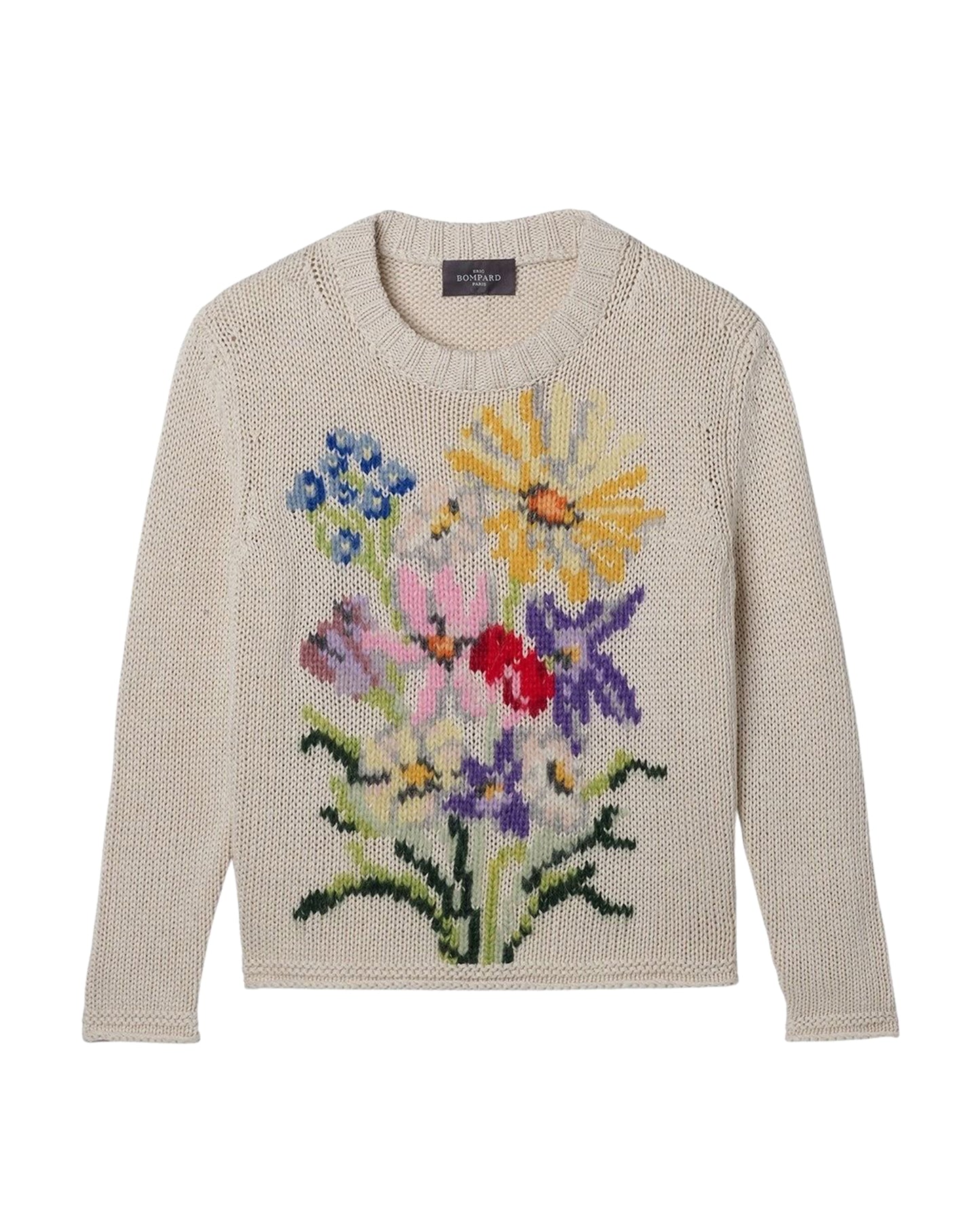 Pull col rond à broderie en soie -  Naturel