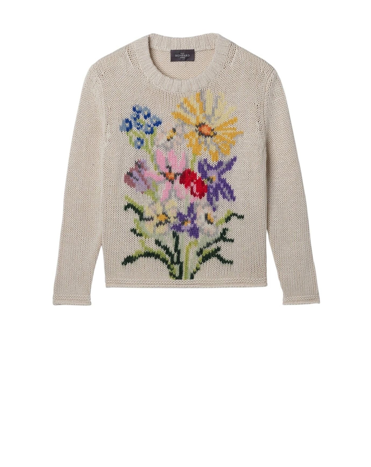 RECO185Pull Col Rond Broderie Bouquet - Naturel