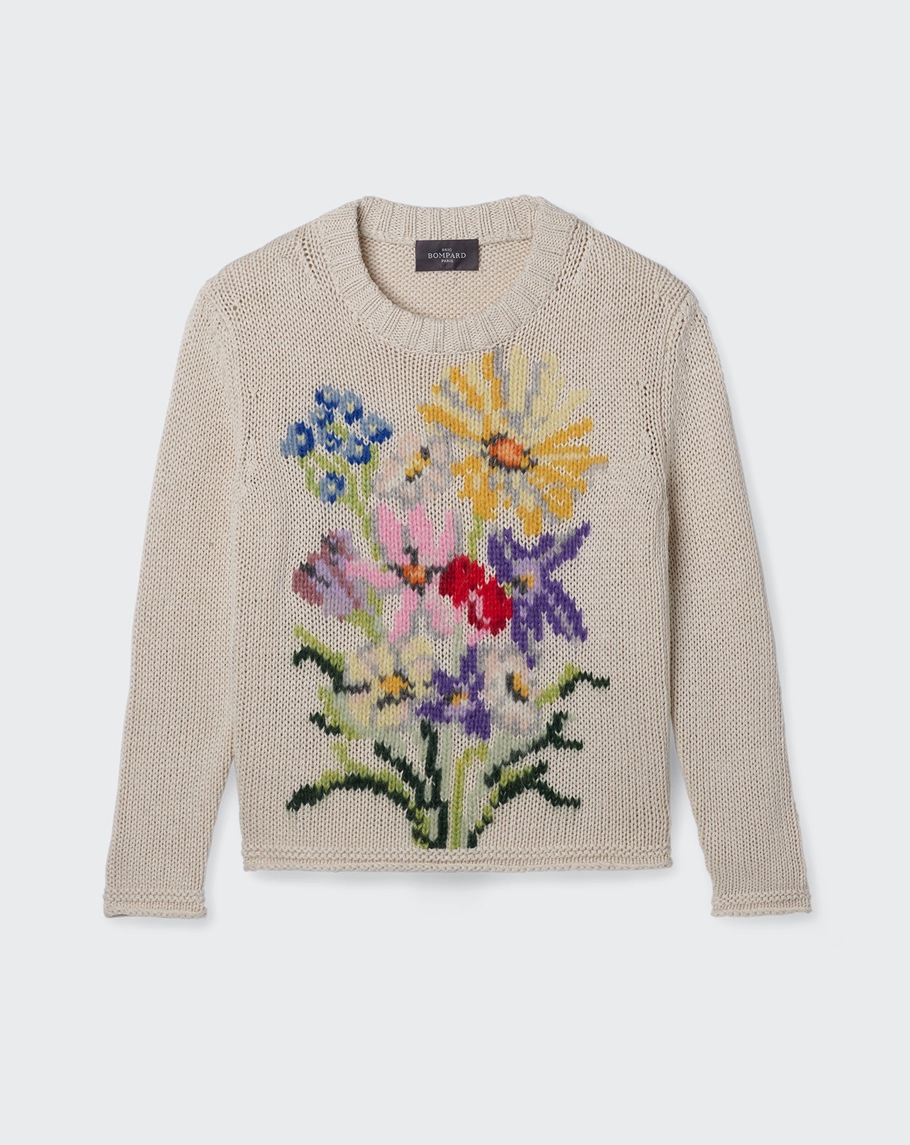 RECO185Pull Col Rond Broderie Bouquet - Naturel