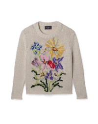 RECO185Pull Col Rond Broderie Bouquet - Naturel