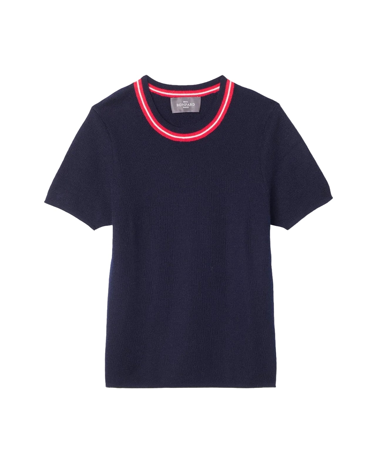 Pull col rond ultrafin bord contrasté en cachemire -  Marine, Rouge Gorge & Platre