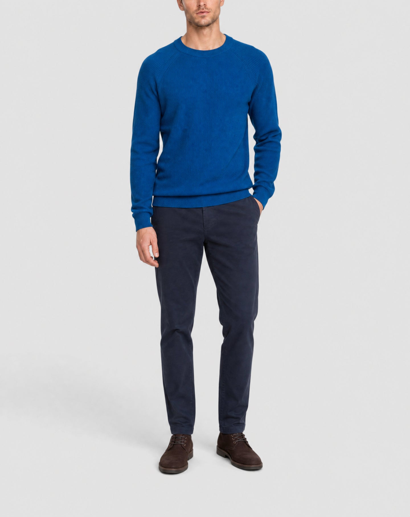 Cotton crew-neck jumper with English ribbing - Brunnera Blue