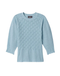 Pull col rond pointelle à manches ballon en coton -  Bleu Zellige