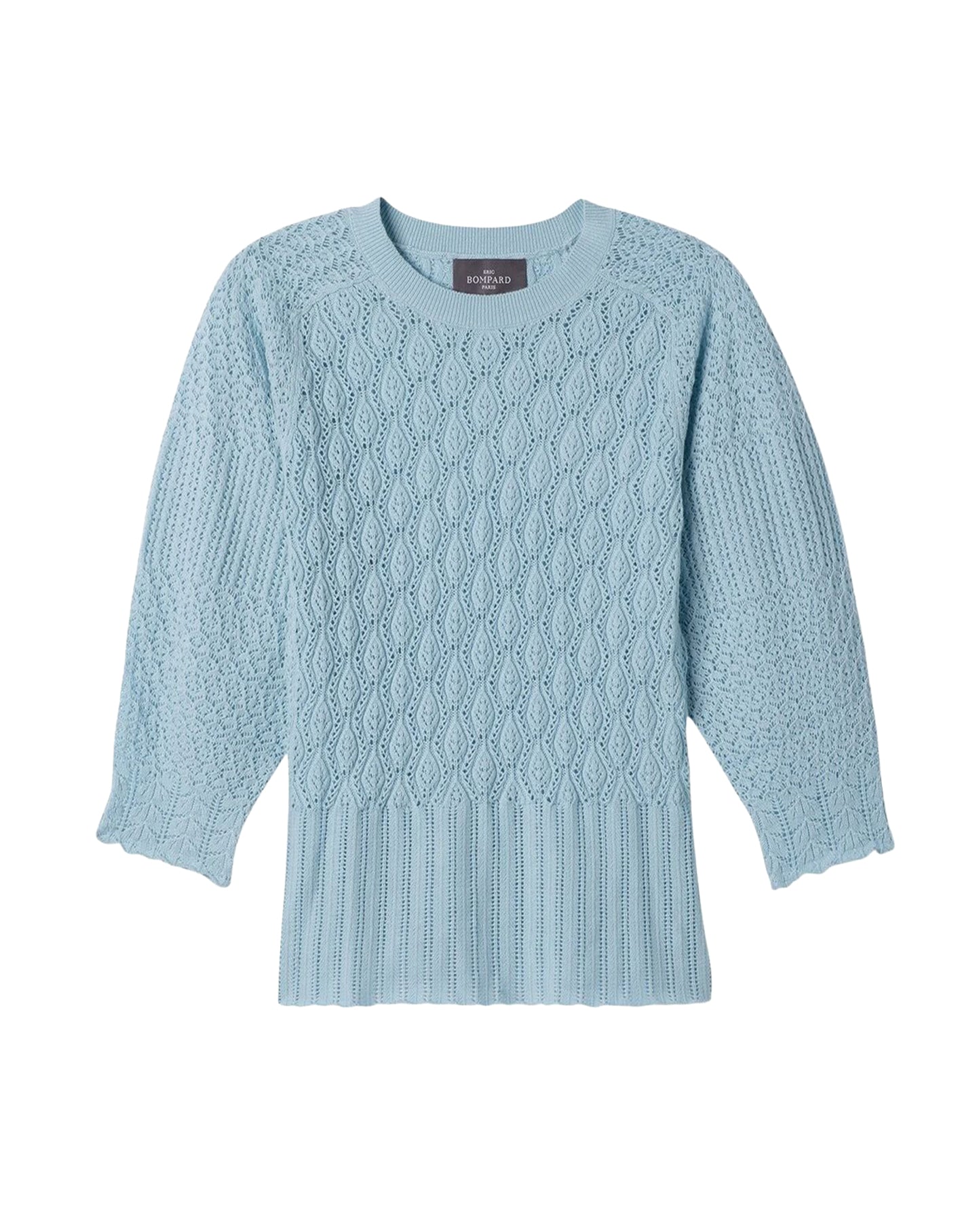 Pull col rond pointelle à manches ballon en coton -  Bleu Zellige