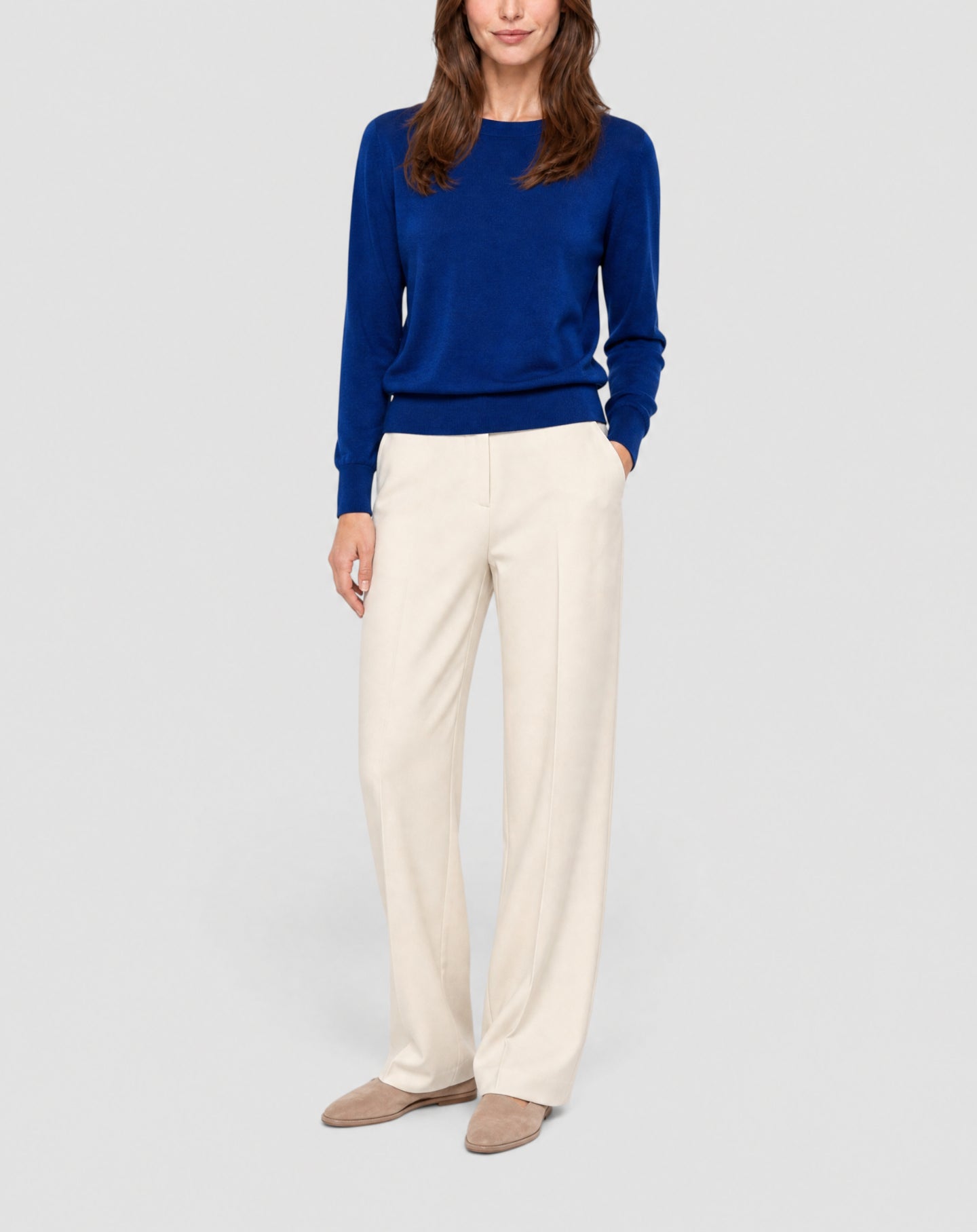 Pull col rond ultrafin détail épaule en cachemire -  Bleu Delphinium