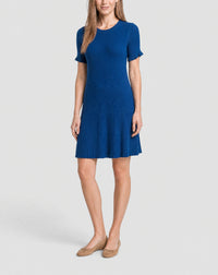 Robe courte évasée plissée en coton -  Bleu Delphinium