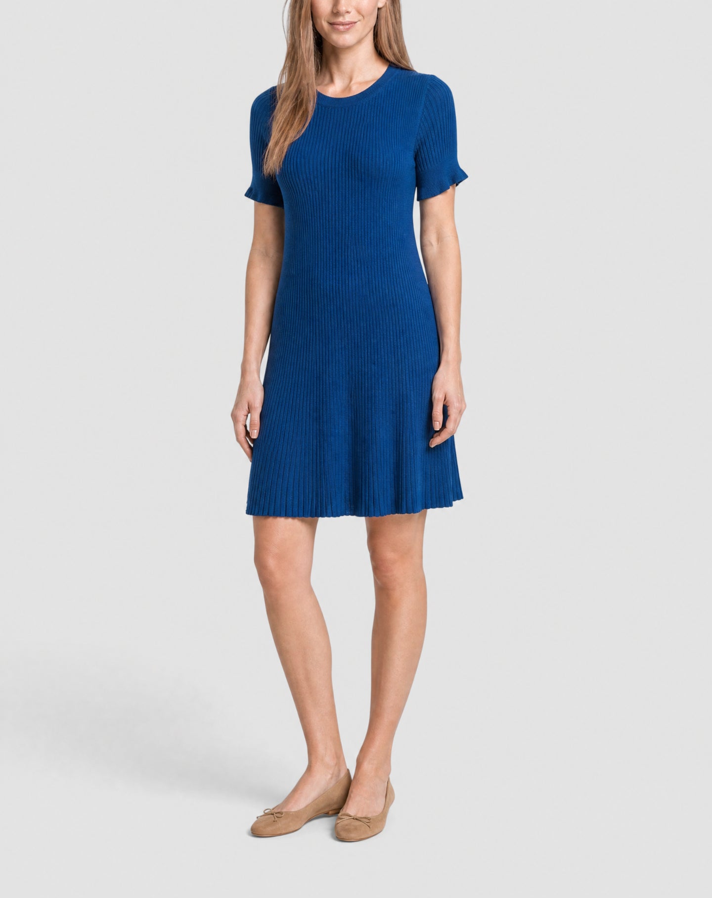 Robe courte évasée plissée en coton -  Bleu Delphinium