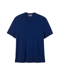 Ultra-fine short-sleeved V-neck cotton jumper - Navy