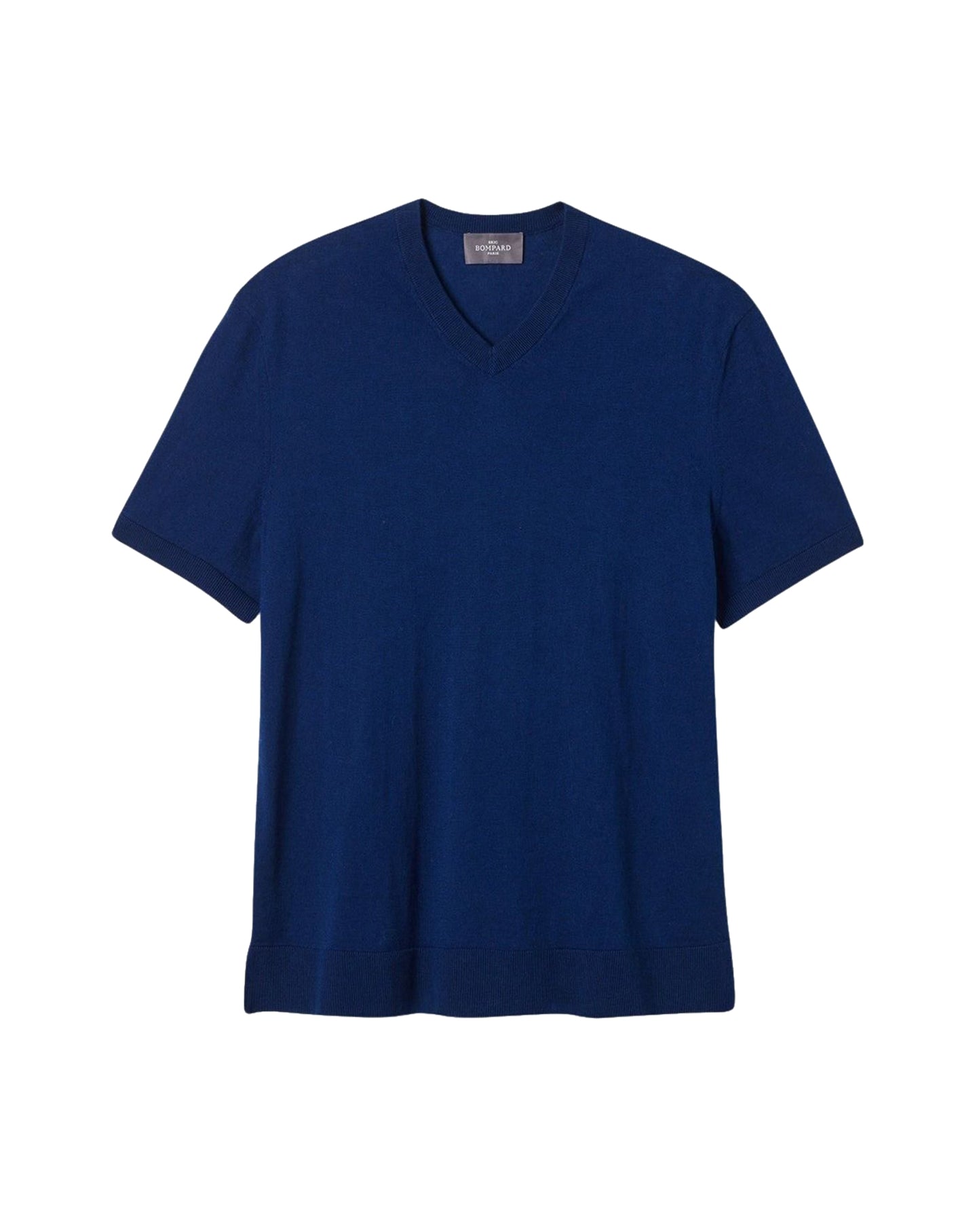 Ultra-fine short-sleeved V-neck cotton jumper - Navy
