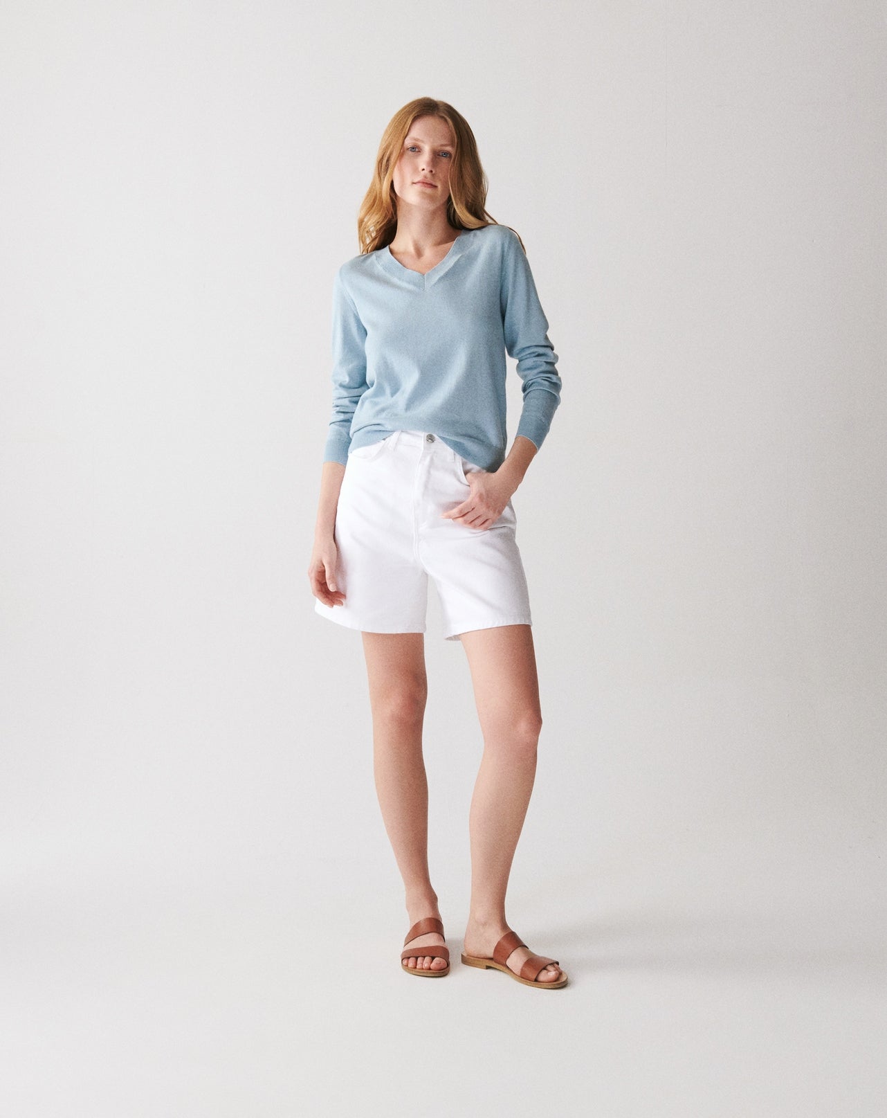 RECO85Pull V Ultrafin Coton Et Cachemire - Bleu Glaz