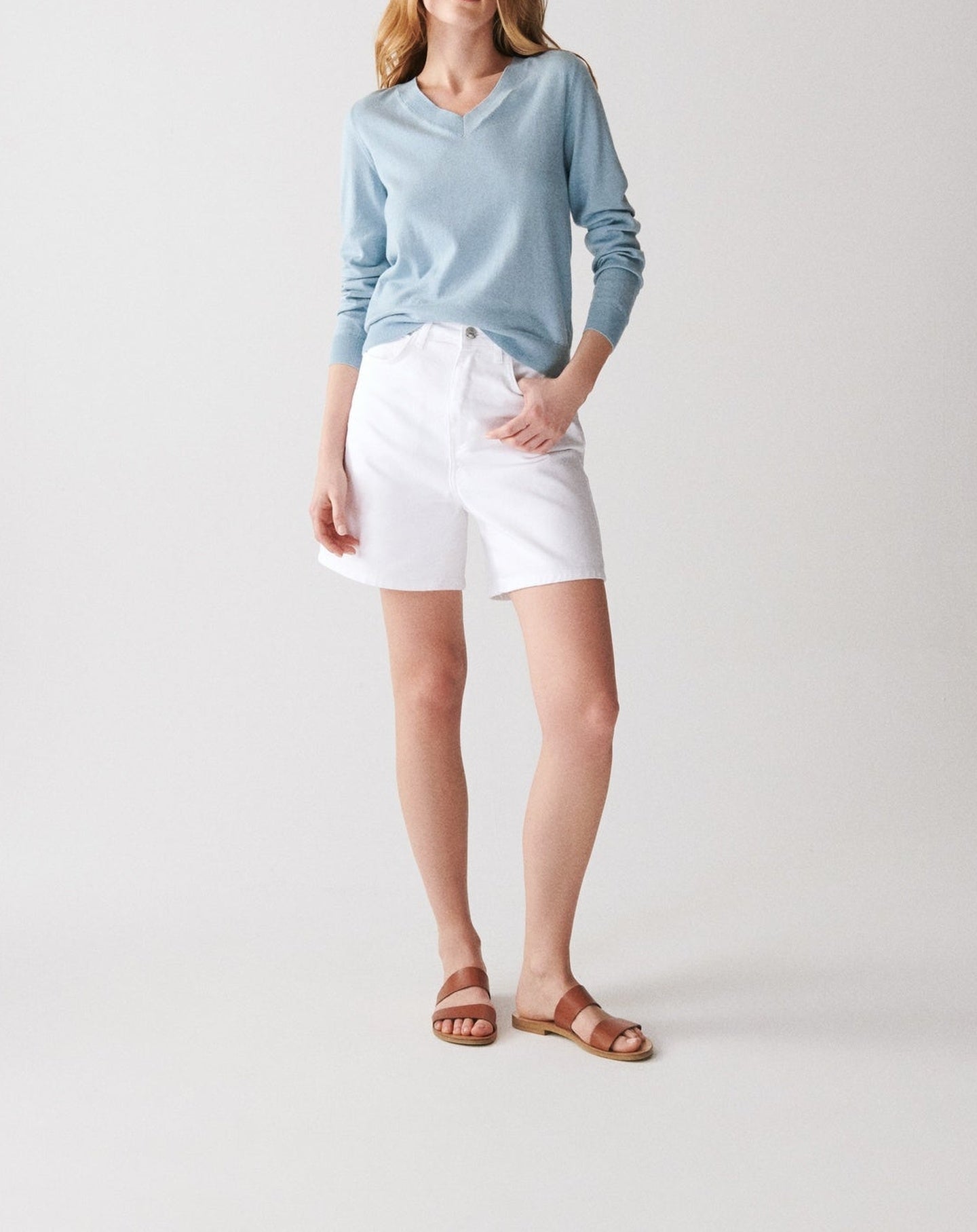 RECO85Pull V Ultrafin Coton Et Cachemire - Bleu Glaz