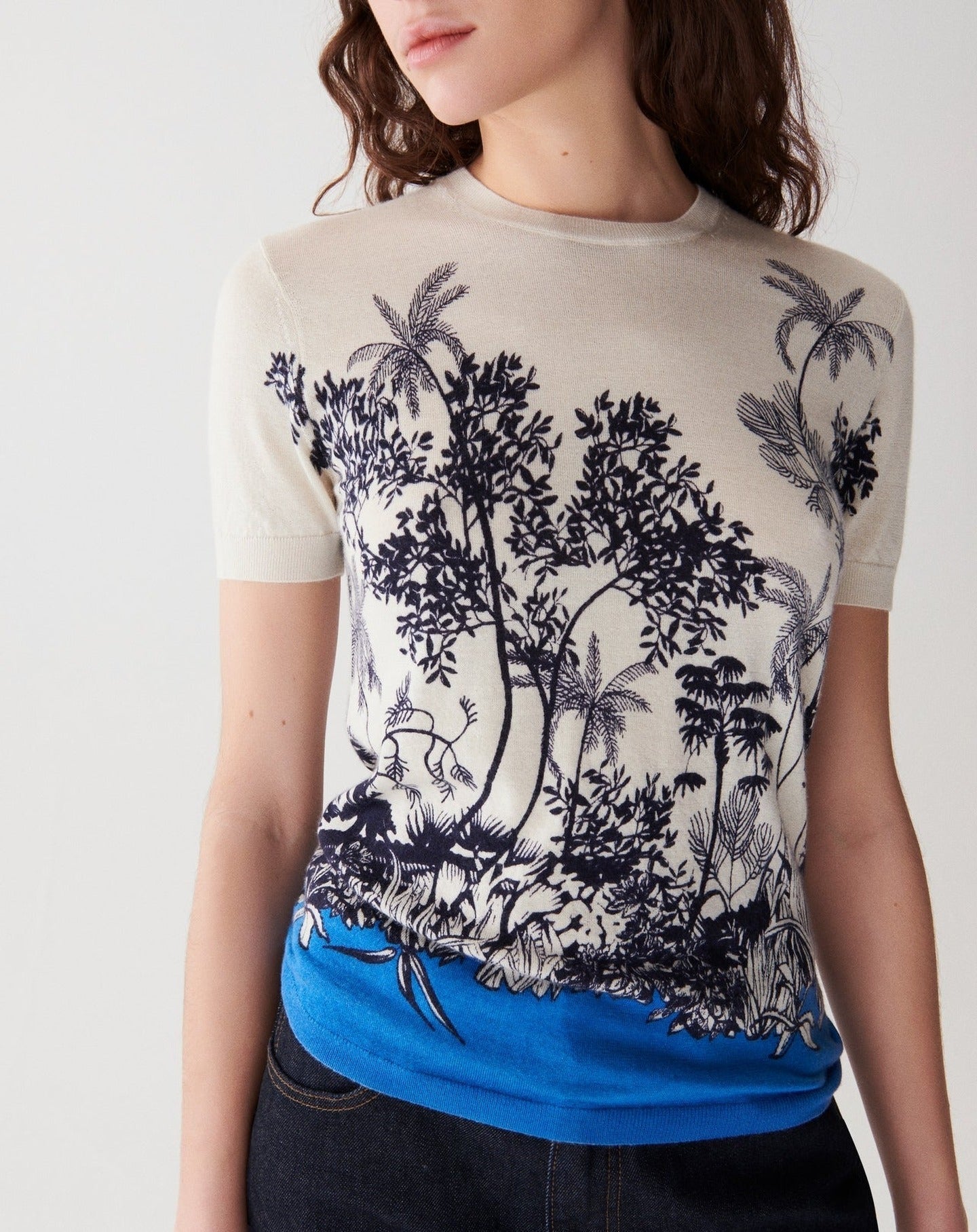 Pull col rond à imprimé en cachemire -  Bleu Brunnera