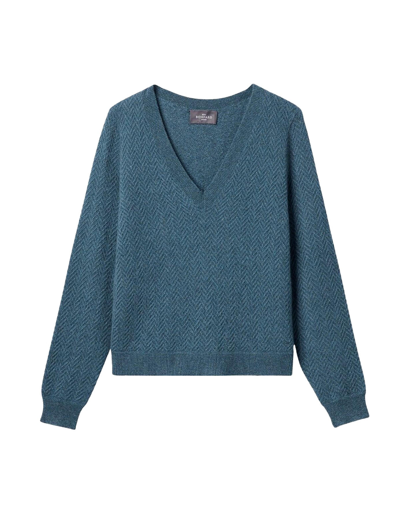 V-neck cashmere jumper with a mini herringbone pattern - Mineral Blue