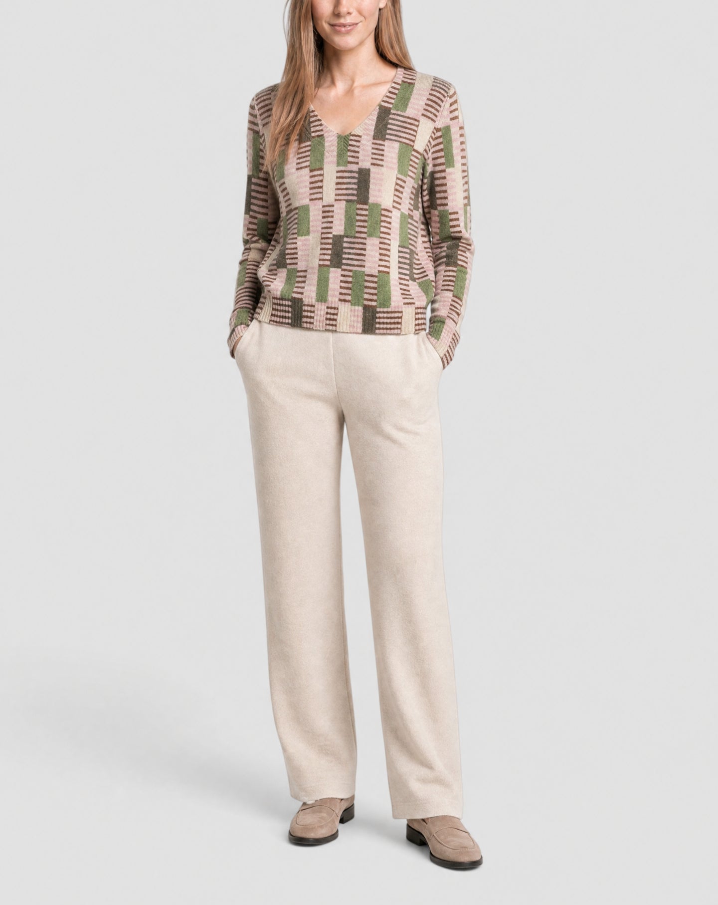 Printed cashmere V-neck jumper - Loukoum Pink
