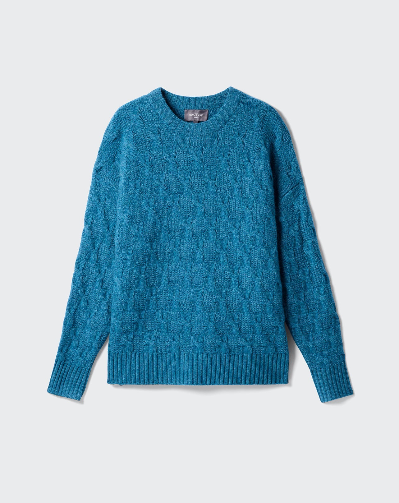 RECO220Pull Col Rond Damier De Torsades - Bleu Canoe