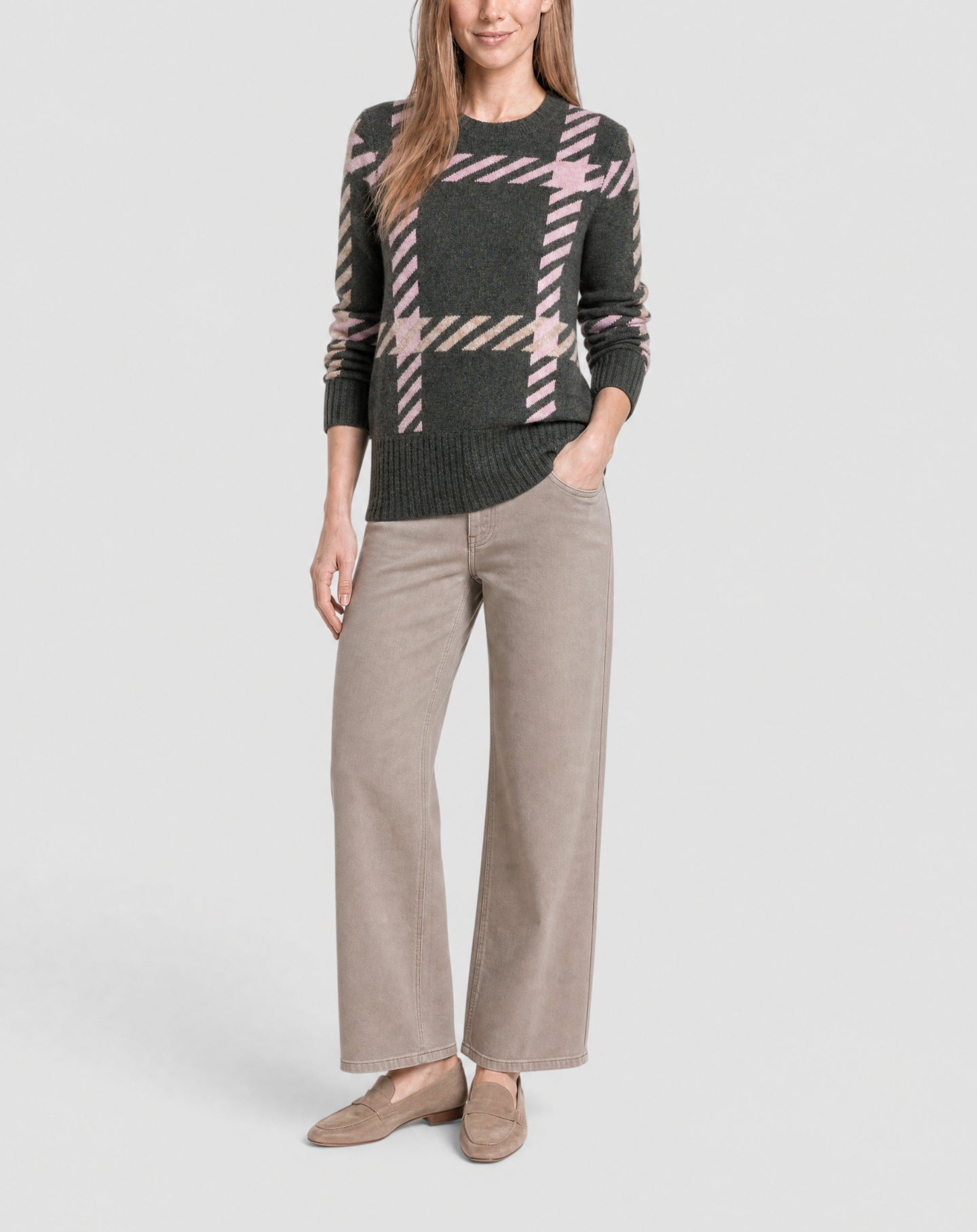Pull col rond jacquard maxi tartan en cachemire -  Chasse