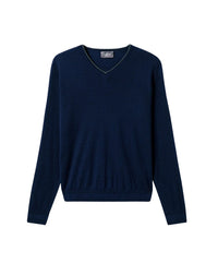Ultra-fine contrasting V-neck wool jumper - Navy