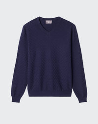 RECO175Pull V Ultrafin Damier Texturé - Marine