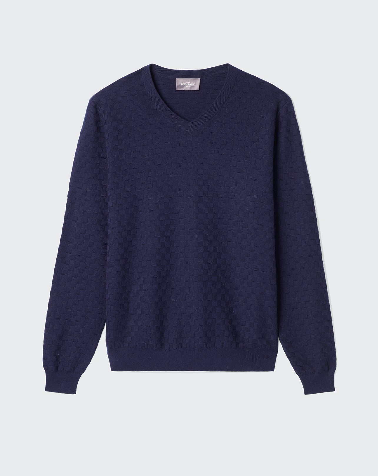 RECO175Pull V Ultrafin Damier Texturé - Marine