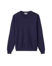 Ultra-fine, textured chequered cotton V-neck jumper - Navy