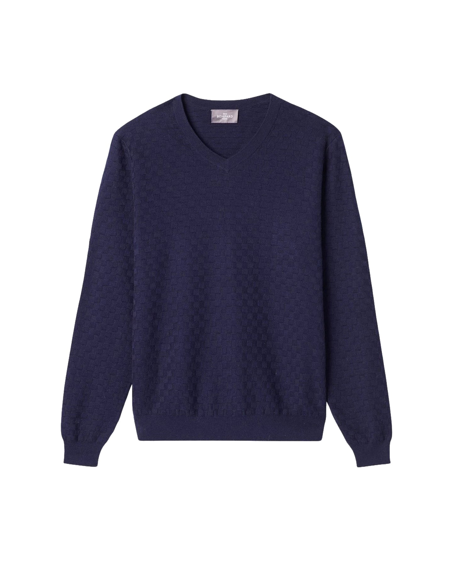 Ultra-fine, textured chequered cotton V-neck jumper - Navy