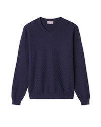 RECO175Pull V Ultrafin Damier Texturé - Marine