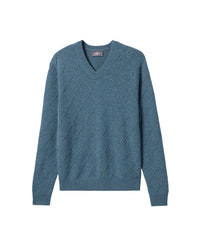 V-neck jumper in textured diamond pattern, made from cashmere - Mineral Blue
