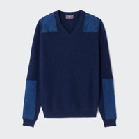 RECO235Pull Col V À Patchs Denim - Bleu Nocturne