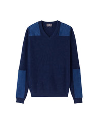 V-neck cashmere jumper with denim patches - Midnight Blue
